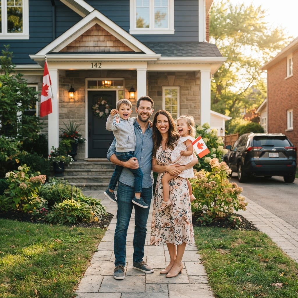 Family celebrating the purchase of their new home